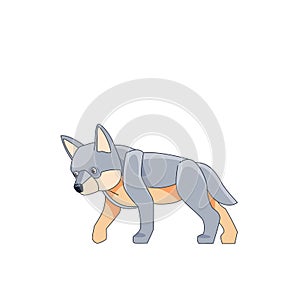 Young wolf cub is looking for prey. Cartoon character of a dangerous mammal animal. A wild forest creature with gray fur