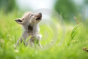 young wolf pup learning to howl on a grassy knoll