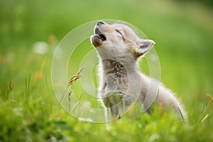 young wolf pup learning to howl on a grassy knoll