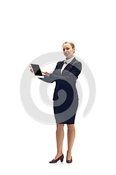 Young woman, accountant, booker in office suit isolated on white studio background