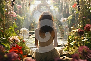 Young woman, adult girl sits in beautiful magical garden in summer