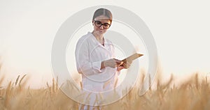 Young woman agronomist with tablet checking wheat health in field.Worker touching ripe spikelet