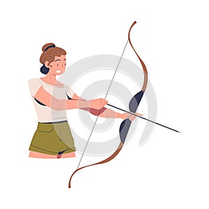Young woman aiming at target with bow. Archer practicing shooting cartoon vector illustration