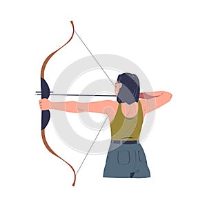 Young woman aiming at target with bow, view from behind. Archer practicing shooting cartoon vector illustration