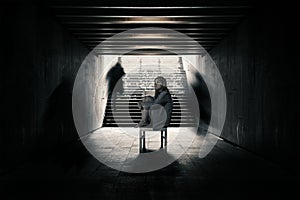 Young woman alone in a tunnel and strangers pass beyond.