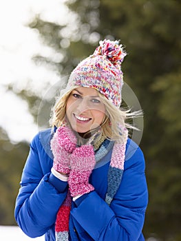 Young Woman In Alpine Snow Scene