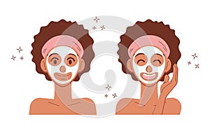 Young woman applying clay face mask. African american girl skincare spa facial treatment concept. Portrait set in flat style.