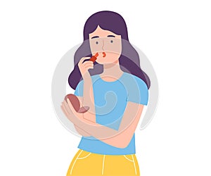 Young Woman Applying Lipstick, Girl Doing Makeup Applying Cosmetic on her Face Cartoon Style Vector Illustration