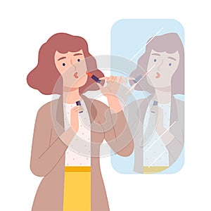 Young Woman Applying Lipstick, Girl Doing Makeup Looking at Herself in Mirror Cartoon Style Vector Illustration