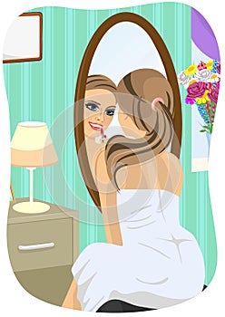 Young woman applying lipstick looking at mirror in bedroom