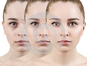 Young woman applying makeup by steps.