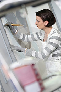 Young woman apprentice in wallpainting training photo