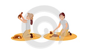 Young Woman Archeologist Working on Excavations Vector Illustration Set