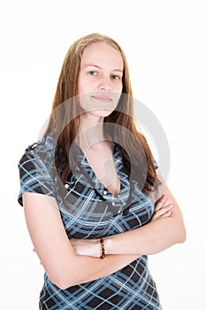 Young woman arms crossed portrait smiling on white background bonde girl and blue eyes photo