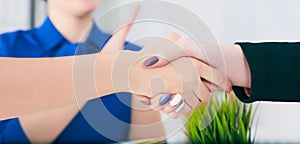 Young woman arriving for a job interview. Business people handshake in modern office.