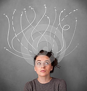 Young woman with arrows coming out of her head