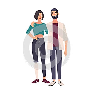Young woman with artificial limb standing with her boyfriend or romantic partner. Female character with leg prosthesis