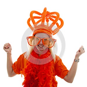 Young woman as Dutch orange supporter with crown