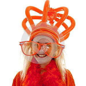 Young woman as Dutch orange supporter with crown