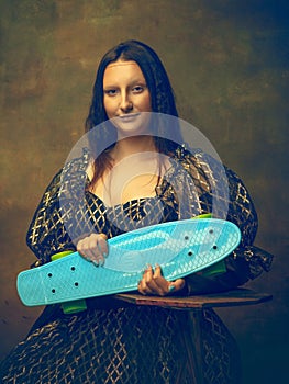 Young woman as Mona Lisa on dark background. Retro style, comparison of eras concept.