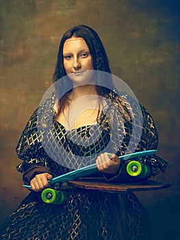 Young woman as Mona Lisa on dark background. Retro style, comparison of eras concept.