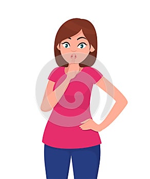 Young woman asking silence. Silence please! Keep quiet. Shh! Human emotion and body language concept illustration in vector.