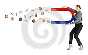 Young woman attracting money with magnet on white
