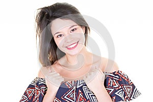 Young woman attractive smiling portrait in white background