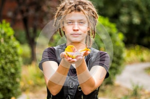 Young woman autumn leaves