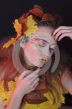 Young woman with autumn make up and leaves on head