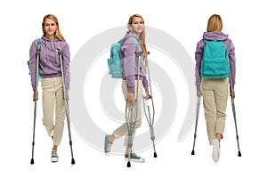 Young woman with axillary crutches on white background, collage photo