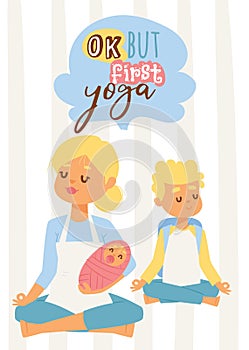 Young woman with baby and teenage son meditating and doing yoga, healthy motherhood concept for banners and posters