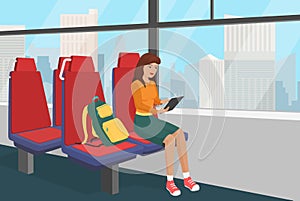 Young woman with backpack browsing tablet in the public vehicle or train vector illustration.