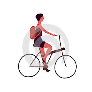 Young woman with backpack riding bicycle flat vector illustration. Student with rucksack at urban vehicle. Female