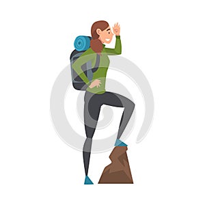 Young Woman with Backpack Standing on Top of the Mountain and Looking into the Distance, Vector Illustration