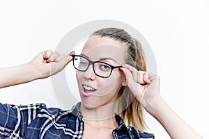 Young woman with bad eyesight with glasses and contact lenses