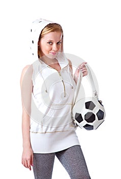 Young woman with a bag shaped like a soccer ball