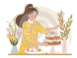 Young woman baking a cake for Easter party. Pastel colors. Yellow and pink. Flat illustration