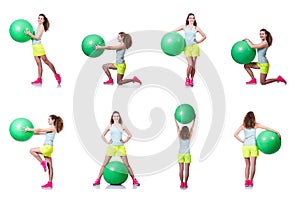 The young woman with ball exercising on white