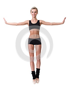 Young woman ballerina ballet dancer dancing on white background