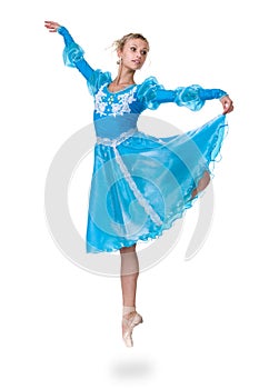 Young woman ballerina ballet dancer jumping on white background