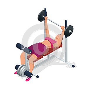 Young woman with barbell flexing muscles in gym. Gym adjustable weight bench with barbell isolated on white background