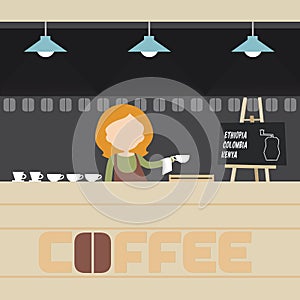 Young woman - barista preparing coffee in cafe with table, lamps
