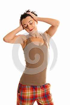 Young woman be sleepy wearing pajamas isolated