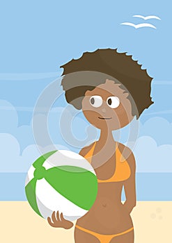 Young woman on a beach with beach ball