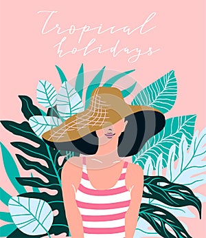 Young woman in the beach hat against the background of tropical leaves. Vector illustration.