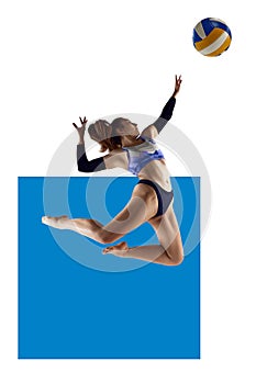 Young woman, beach volleyball player in motion during game, hitting ball over white background with blue element.