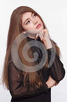 Young woman with a beautiful hair in black blouse