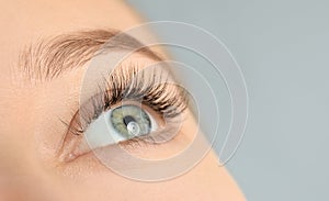 Young woman with beautiful long eyelashes on gray background, closeup.