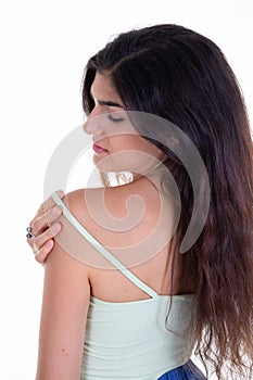 Young woman behind portrait rear face over white wall background